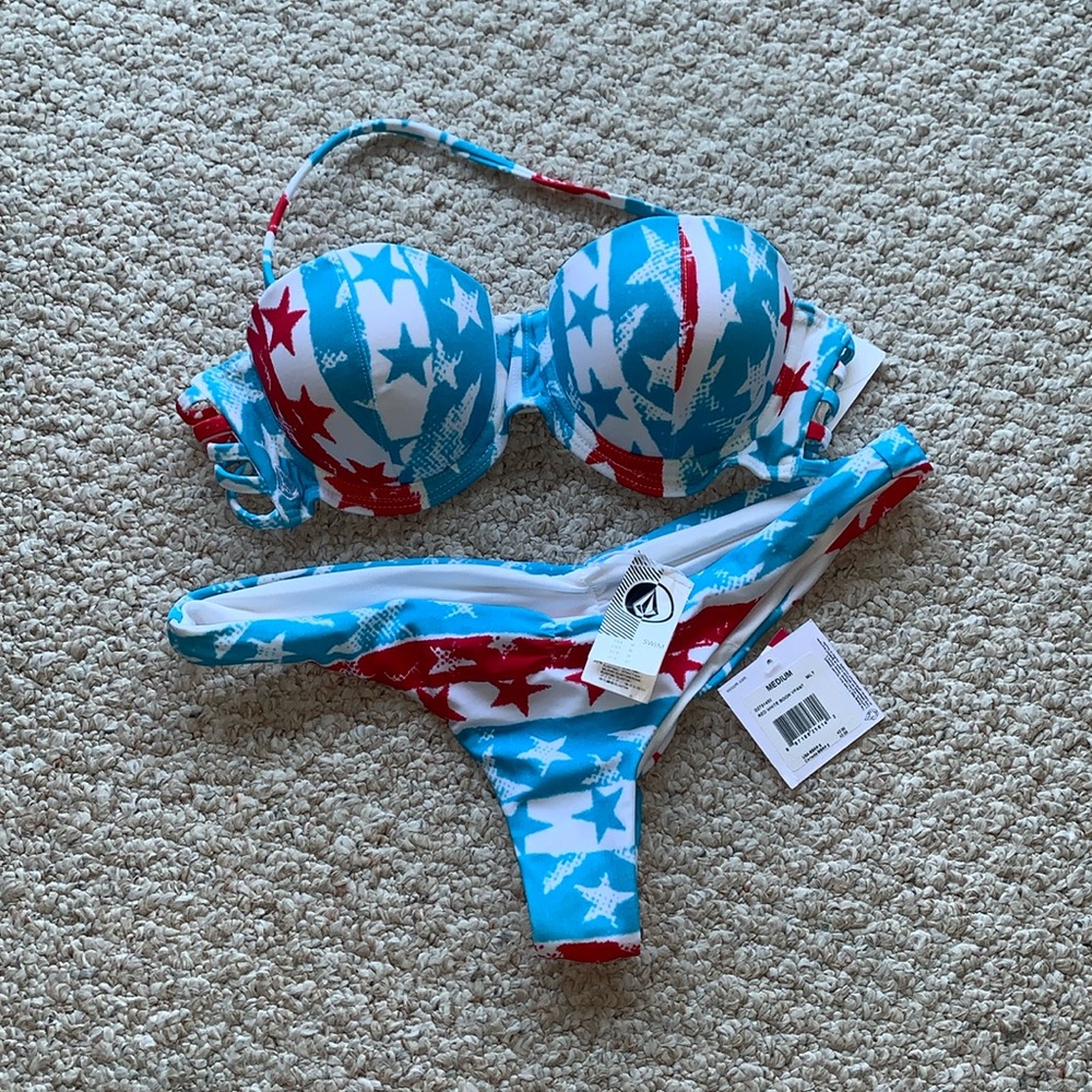 Volcom stars Red White Boom July 4th American bikini top V cut skimpy bottom S M